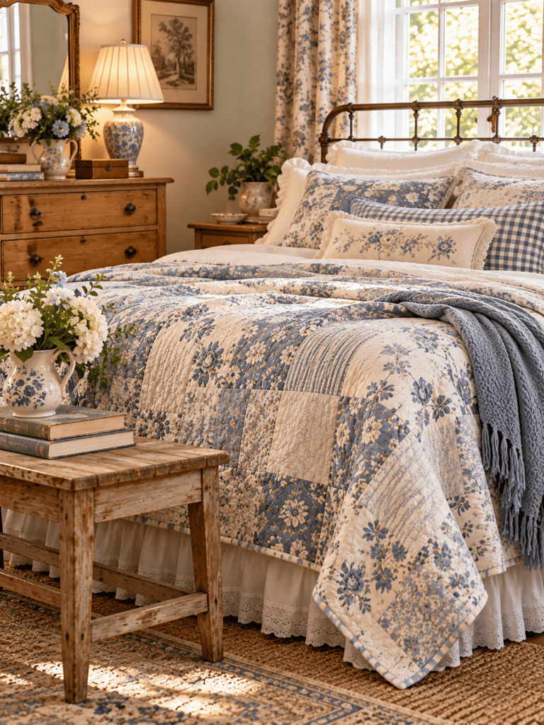 A romantic pink and blue blanket, antique brass bed, ruffled pillows, and French country cottage.