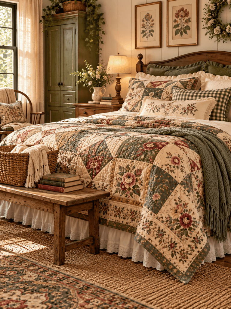 Vintage quilt bedroom ideas featuring a traditional floral patchwork quilt in muted sage green, dusty blue, pink, and cream with rustic cottage furniture.